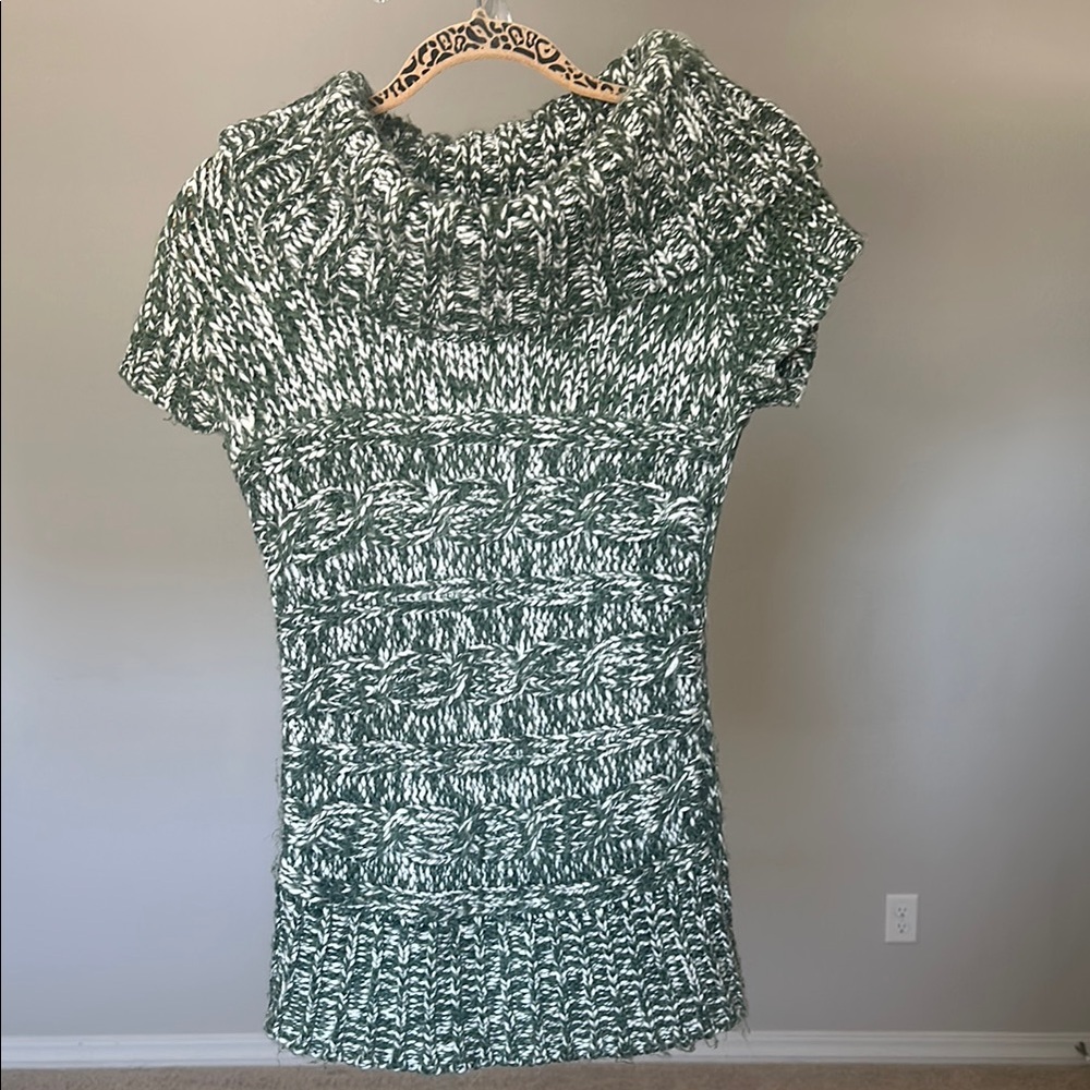 Green and white vintage chunky cable knit At Last New York cowl neck sweater